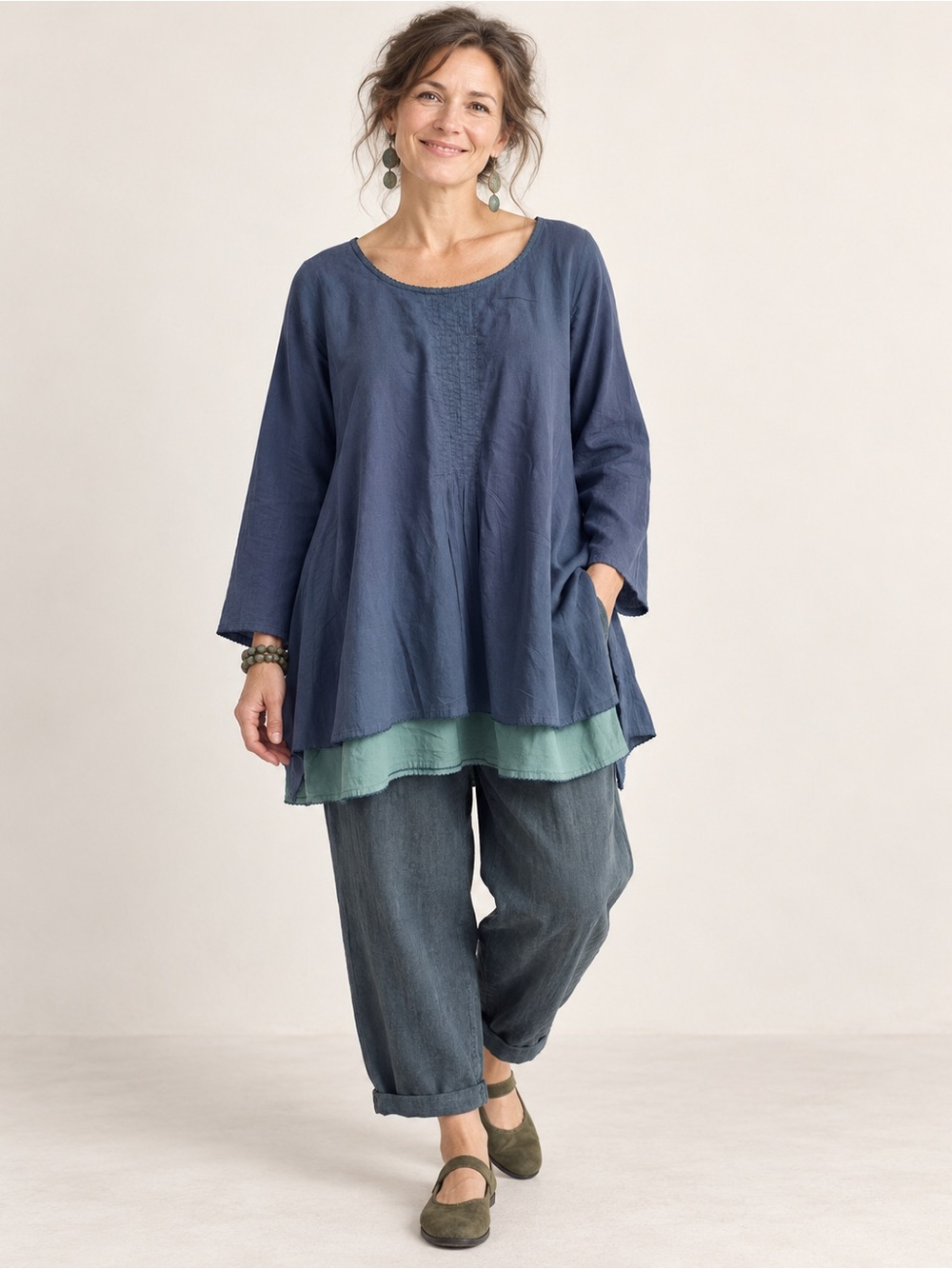 Gudrun Sjoden XL Blue Green Cotton Layered Tunic Top Button Back